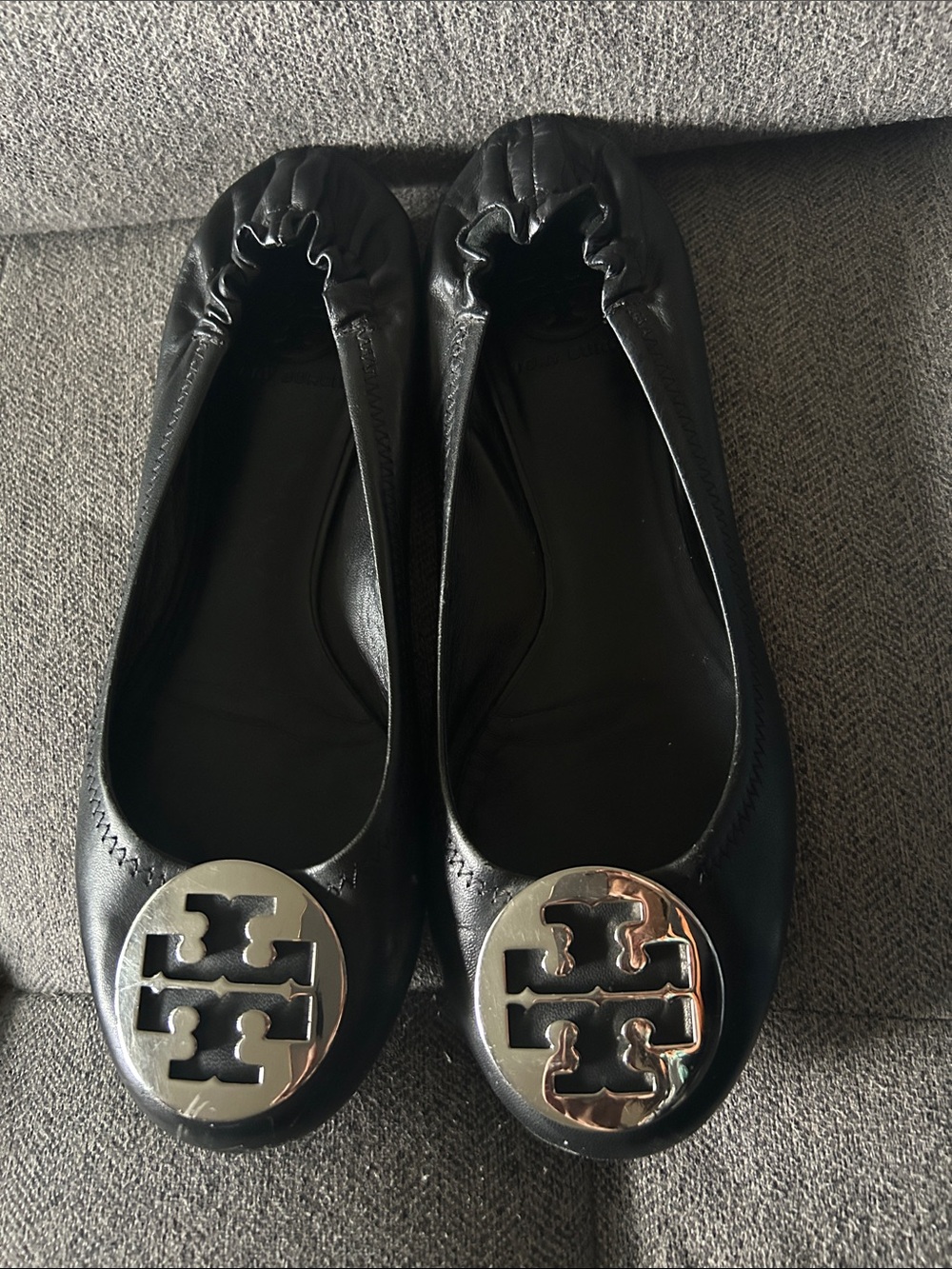 Tory Burch Black Leather Logo Ballet Flats with Gold Medallions